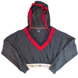 Tommy Hilfiger Womens Cropped Hoodie V-Neck Logo Waistband Grey‎ XS